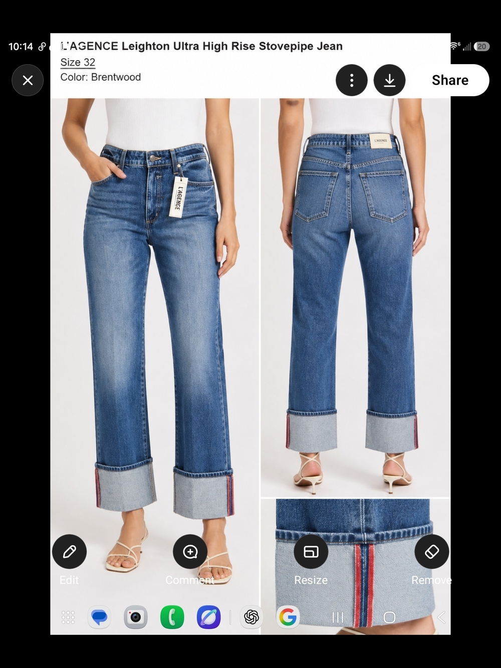 L'AGENCE Brentwood Blue High-Rise Stovepipe Jeans with Red Cuff Stripe
